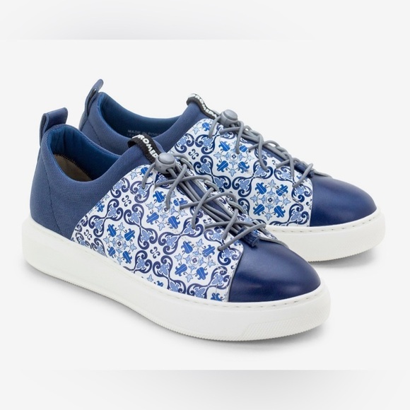 Dromedaris Portugal oyster bay Leather and fabric blue print sneaker tile - Picture 1 of 4